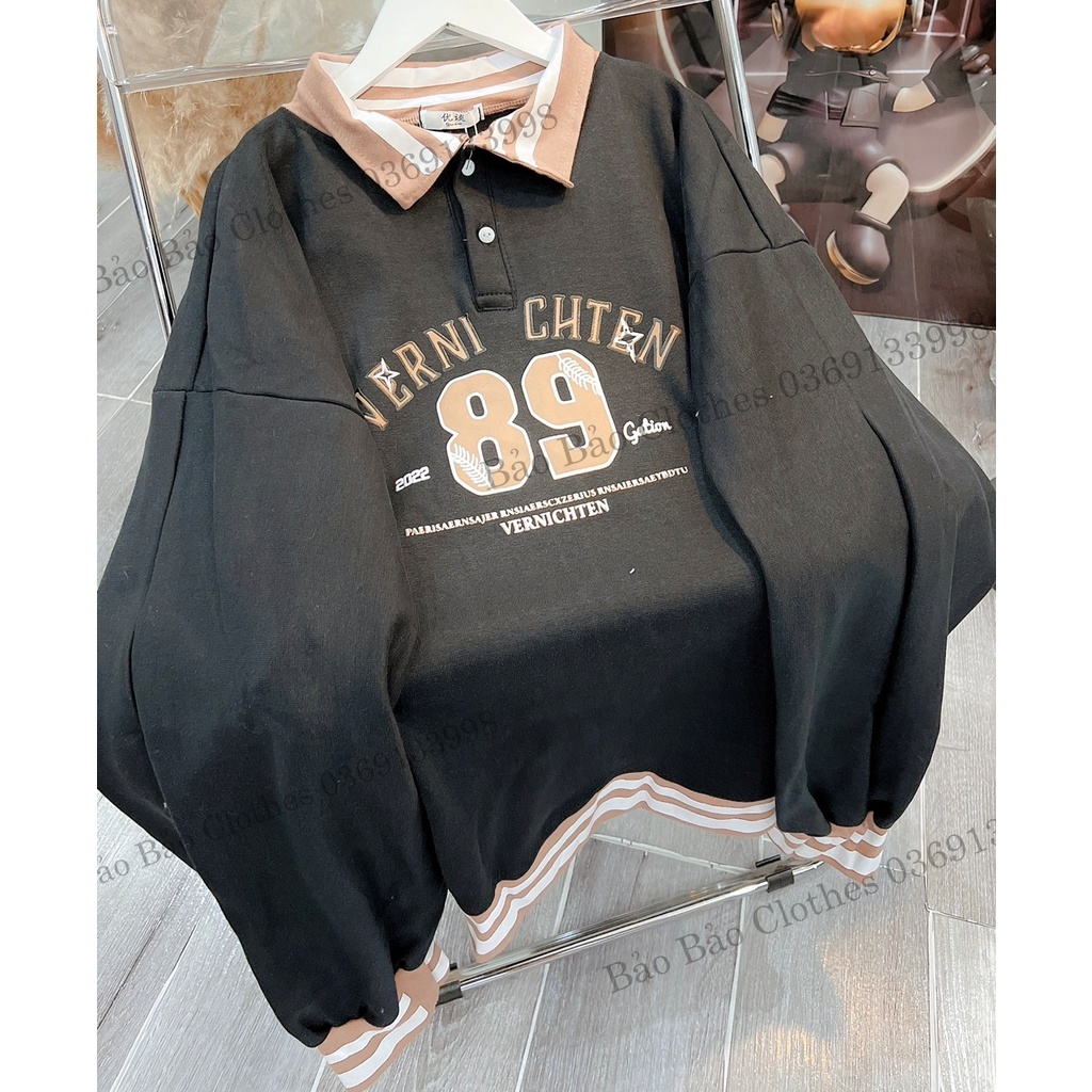 Áo Polo Sweater Nam Nữ Số 89 Cổ Bẻ Hàn Quốc Unisex Viền Cổ Trẻ Trung Form Rộng