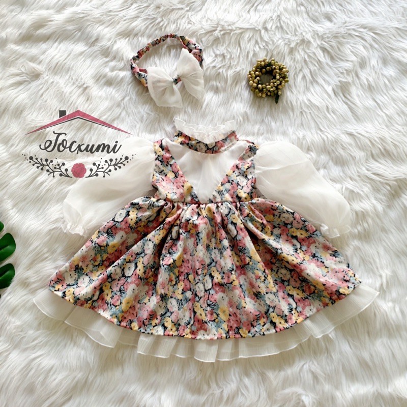 Đầm hoa 2 lớp phối lụa tay dài - Tocxumi