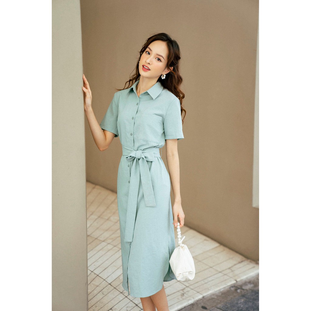 Váy suông đai eo TIIN STORE chất đũi xanh mint be VHN469