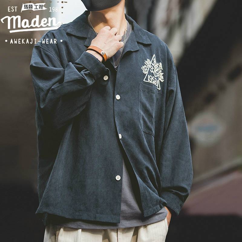 Maden brand re-tooling Cuban American Bowling shirt embroidered collar peach doing the old dark green shirt sanding