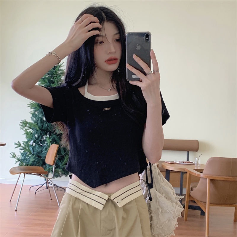 Áo Thun Ngắn Tay Hai Mảnh Thiết Kế Dáng Ngắn Phong Cách Hàn Quốc Thời Trang Mùa Hè Hàng Mới 2022 Dành Cho Bạn Nữ