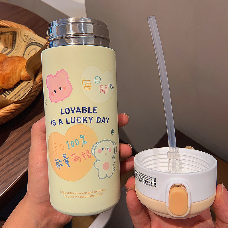 Bình đựng nước bằng thép không gỉ 304 họa tiết hoạt hình đáng yêu có ống hút cho học sinh