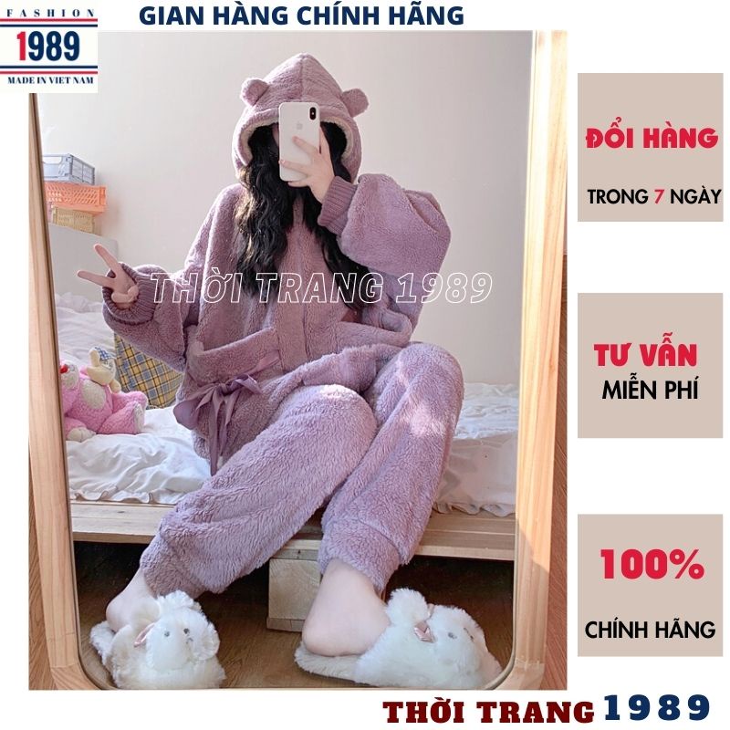 Bộ đồ mặc nhà lông cừu ấm áp nơ túi 2 mầu tím hồng ,bộ ngủ lông gấu nữ kute dễ thương -PHƯƠNG 1989