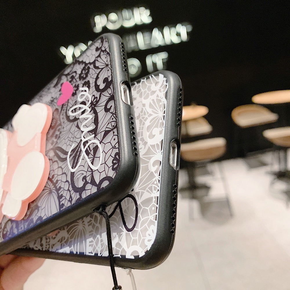 Ốp lưng iPhone 12 mini 11 Pro X XS XR Max 6 6s 7 8 Plus SE 2020 3D Lace Cartoon Hello Kitty Hard Mirror Case