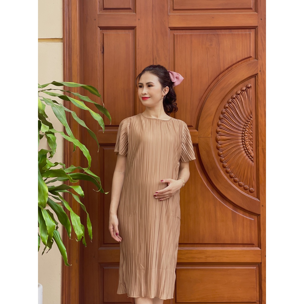 Váy bầu dáng suông dập ly cao cấp - Đầm bầu chất liệu chifon 2 lớp trẻ trung xinh xắn cho mẹ bầu V336