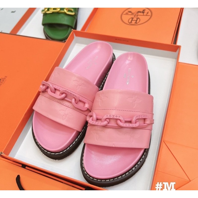 Dép nữ quai ngang to phối xích màu Nguyên hộp hãng cao cấp