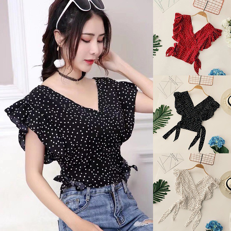 Áo kiểu chất Chiffon tay ngắn cổ chữ V phối bèo hoạ tiết chấm bi nữ tính