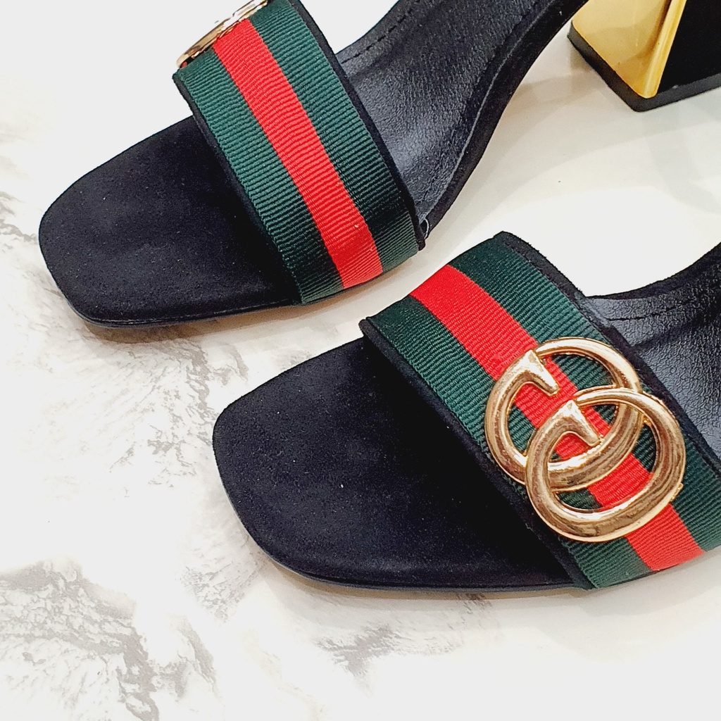 GIÀY SANDAL NỮ - CAO GÓT 7P GUUCI ĐẾ TRỤ MẠ VÀNG T245