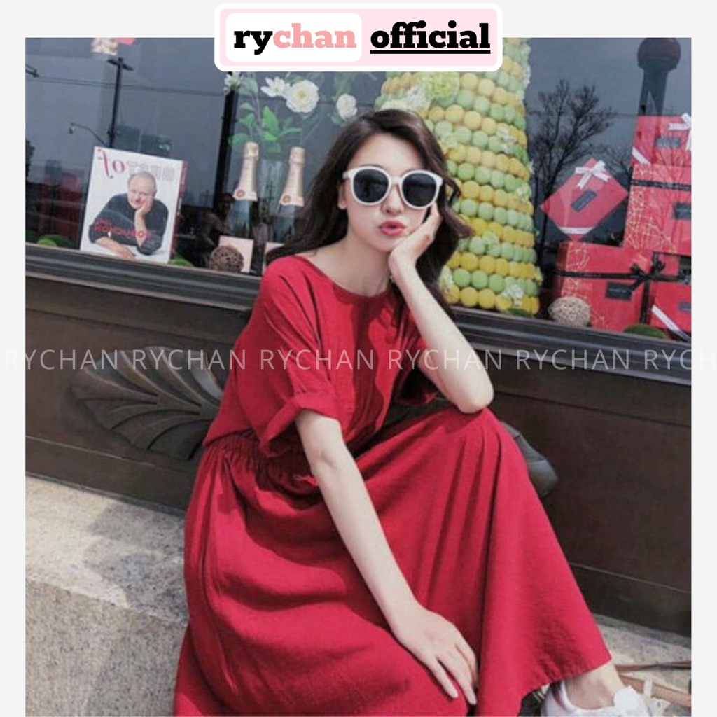 DX571 - Đầm Xòe Maxi Nhún Eo Phối Nút Sau Màu Đỏ [ẢNH THẬT CUỐI]