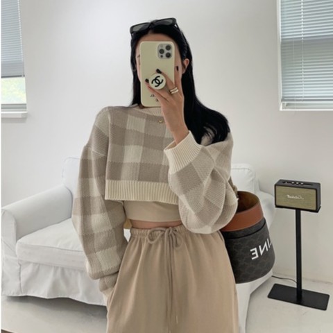 QADCOL Áo sweater croptop tay dài họa tiết caro xinh xắn thời trang cho nữ