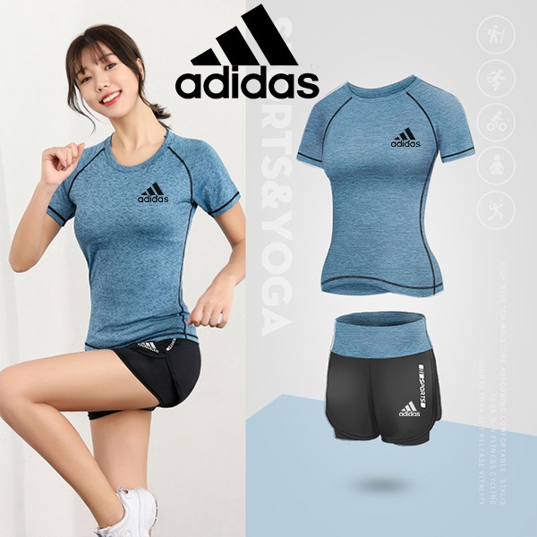 Adidas Bộ Đồ Thể Thao Áo Thun + Quần Short Lưng Cao Thoải Mái Thoáng Khí Cho Nữ
