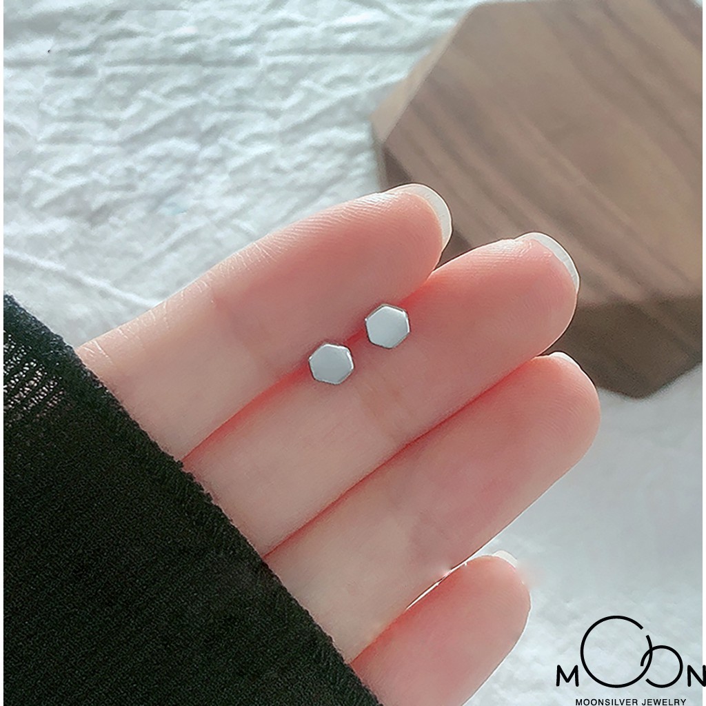 Khuyên tai bạc bông tai bạc nữ hình lục giác lục lăng đơn giản cá tính đẹp moonsilver