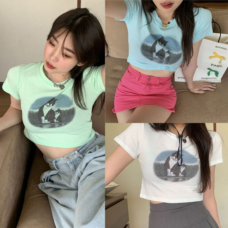 Áo Thun Crop Top Tay Ngắn Cổ Tròn In Họa Tiết Hoạt Hình Thời Trang Cho Nữ