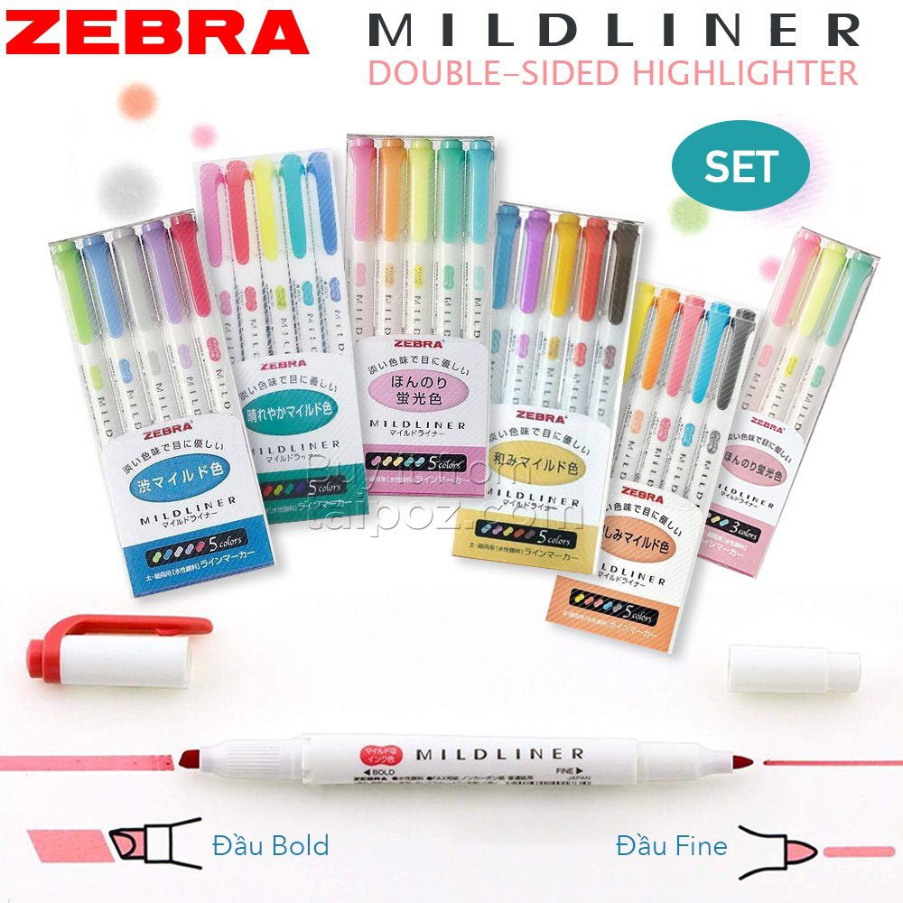 BÚT ĐÁNH DẤU HIGHTLIGHT ZEBRA MIDLINER 2 ĐẦU CHÍNH HÃNG - CÁC SET