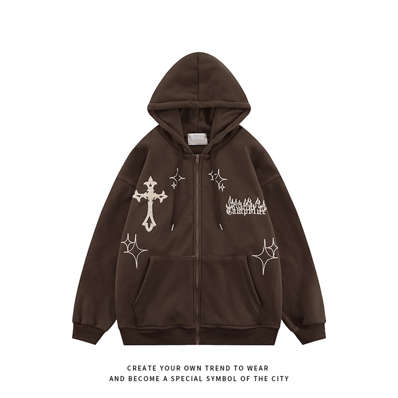 Áo Hoodie Dáng Rộng Thêu Chữ Thập Phong Cách Hip Hop Mỹ Thời Trang Thu Đông Cho Nam Cỡ M-2xl