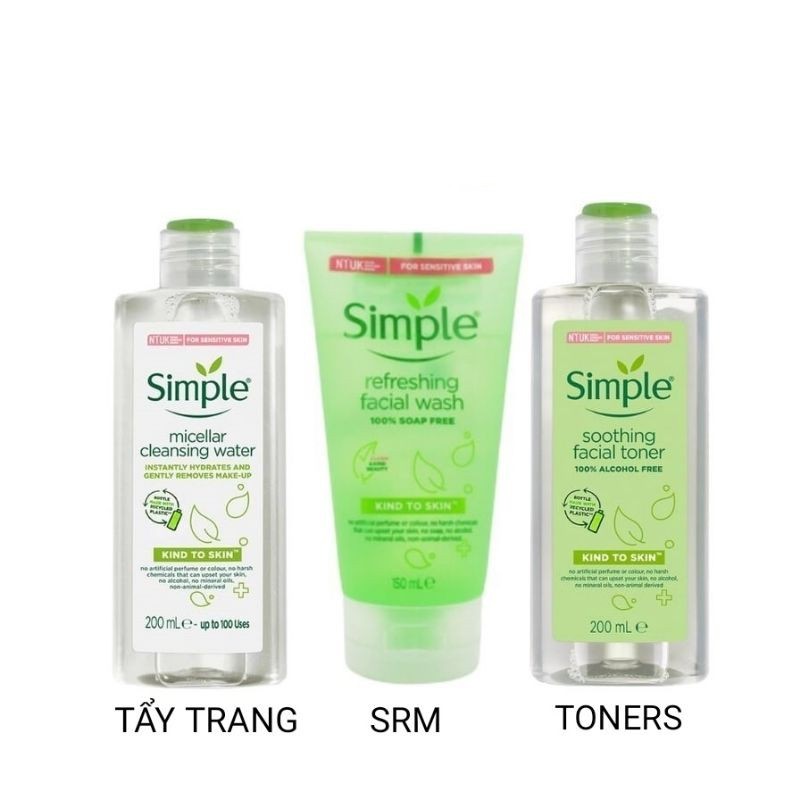 Bộ 3 Sản Phẩm Giúp Da Sạch Sâu Và Cấp Ẩm Cho Da SIMPLE Kind To Skin (Tẩy trang 200ml + SRM 150ml + Toner 200ml)