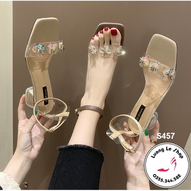 Sandal đế vuông 3cm da bóng quai trong đính hoa đá 2 màu kem tím ms S457