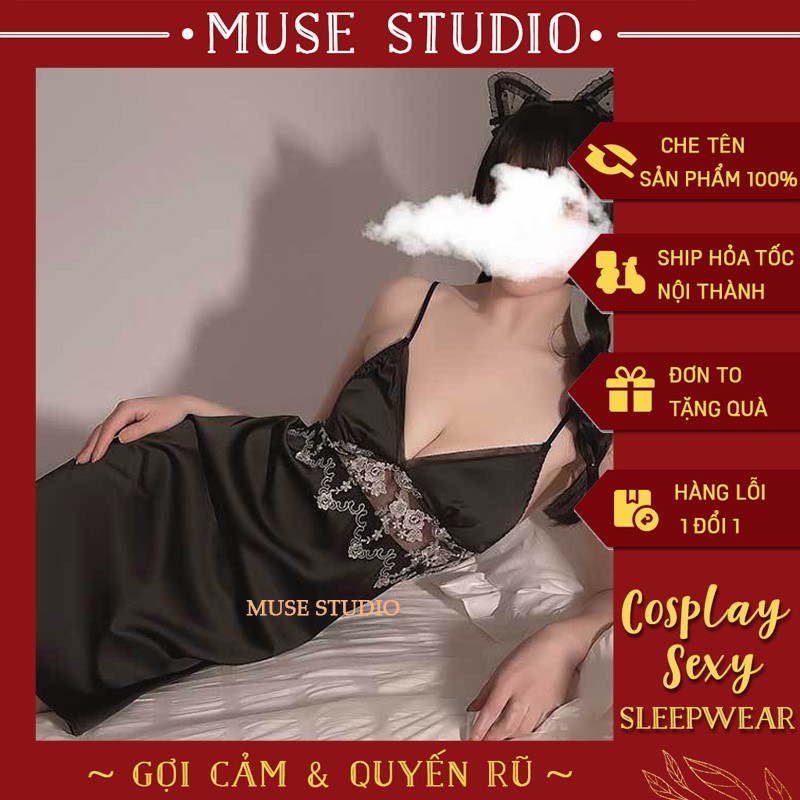 Đồ Ngủ Sexy ❌𝑺𝑨𝑳𝑬 𝑺𝑶̂́𝑪❌ Váy Ngủ Hai Dây Gợi Cảm, Vải Phi Bóng Pha Ren Cao Cấp