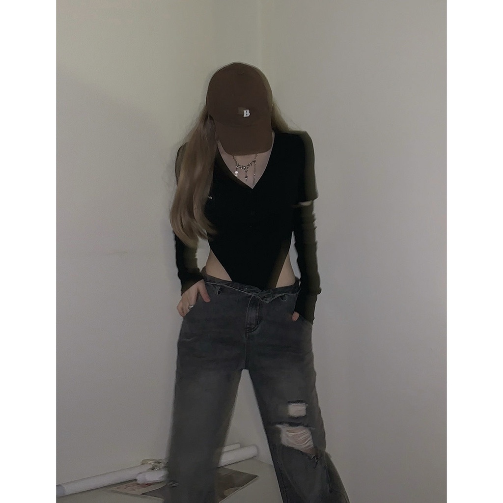 ☼✖❇Quần Jeans Dài Lưng Cao Ống Rộng Rách Gối Màu Xám Đen Phong Cách Retro Cho Nữ