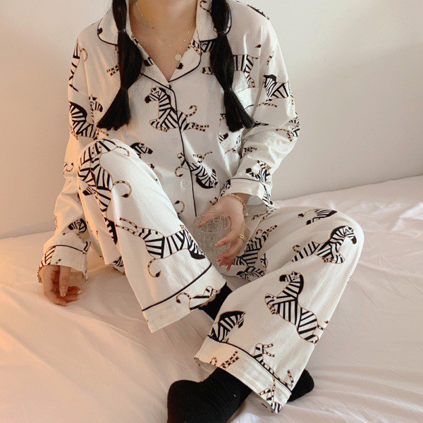 Bộ ngủ pijama dài tay thu đông ngựa vằn vải cotton