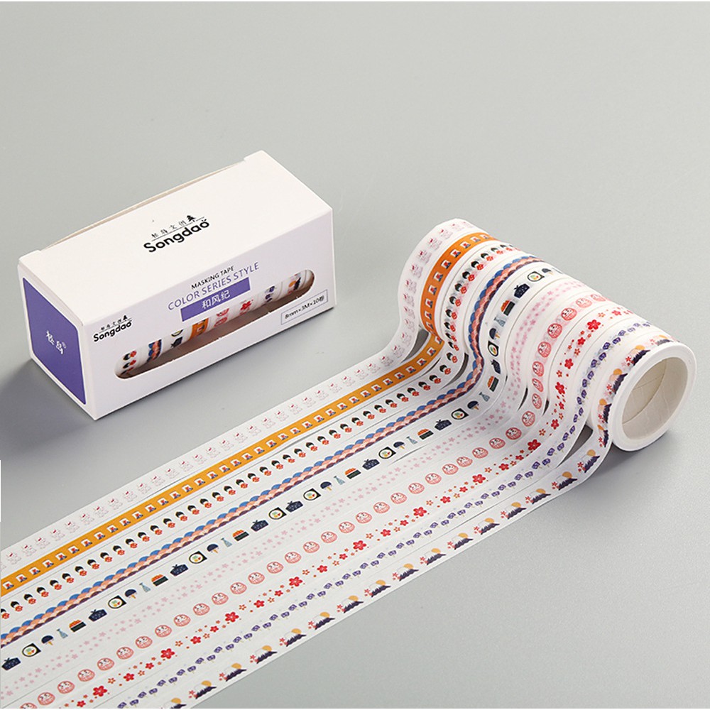 <Video Review> Set 10 Cuộn Băng Keo Dính Washi Tape Họa Tiết Cute Trang Trí Sổ Tay Nhật Kí Khay Đựng Bút D171