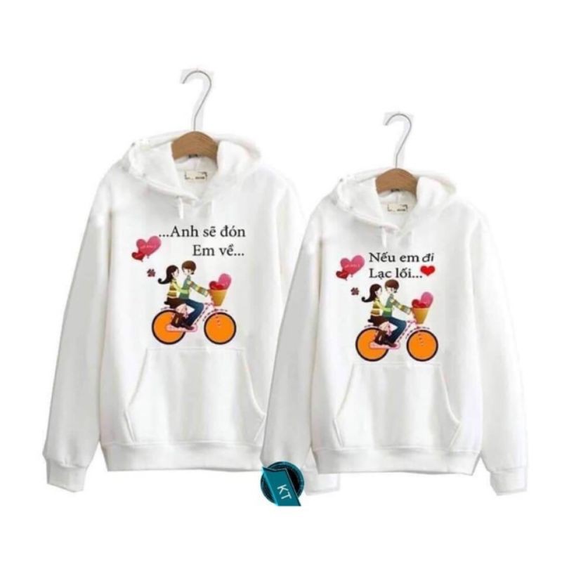 Áo nỉ đôi có mũ anh sẽ đón e về, áo cặp vải đẹp hình in rõ nét.Áo đôi nam nữ tình yêu đẹp giá rẻ