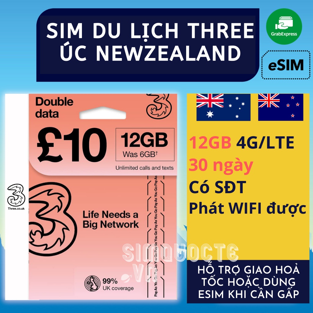 Sim Du Lịch 4G Úc Australia NewZealand 12GB 30 Ngày Hãng Three UK