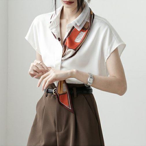 Áo sơ mi chiffon tay ngắn màu trắng phong cách phương Tây mùa hè cho nữ