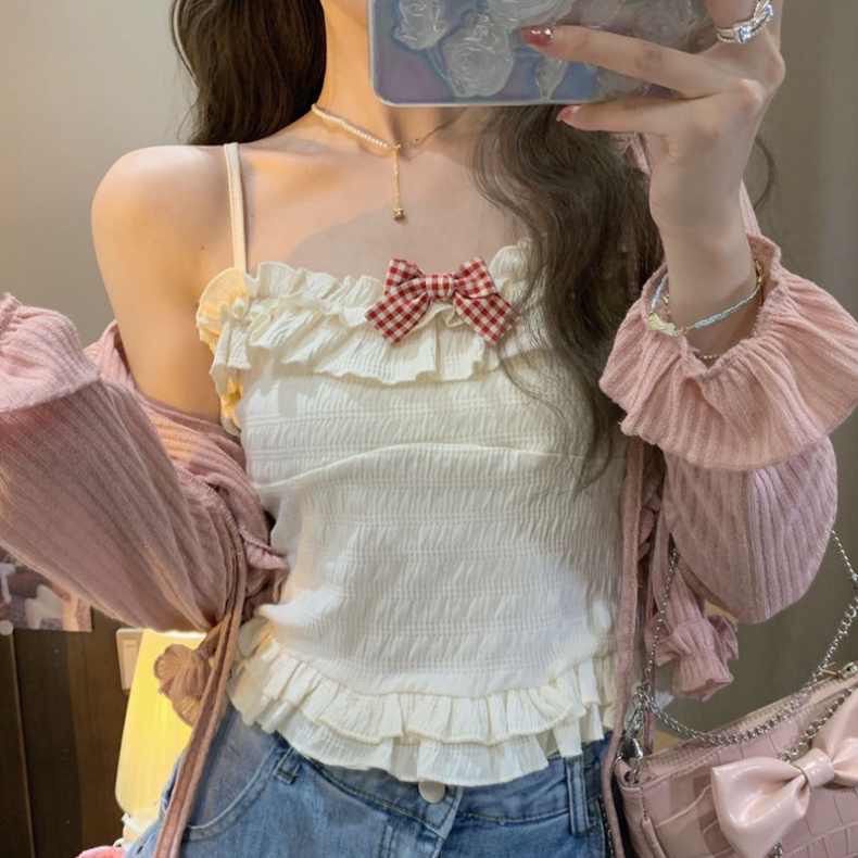 Áo Cardigan Ngắn Chống Nắng Cột Dây Nơ Tai Gỗ Dễ Thương Phong Cách Nhật Bản Cho Nữ