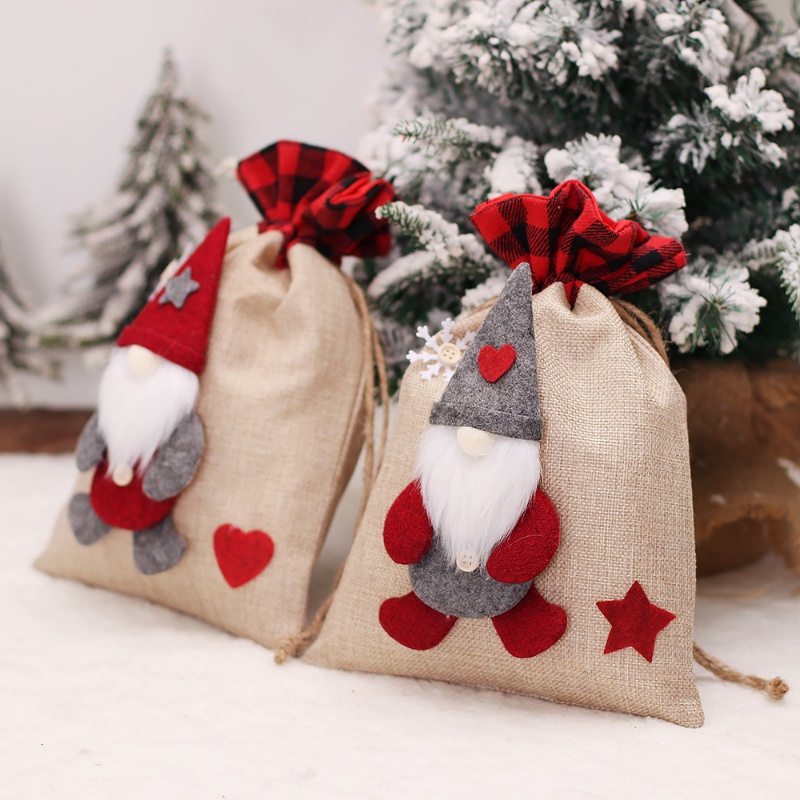 Túi Dây Rút Vải Lanh Đựng Quà Giáng Sinh / Kẹo Hình Búp Bê Vô Diện / Ông Già Noel