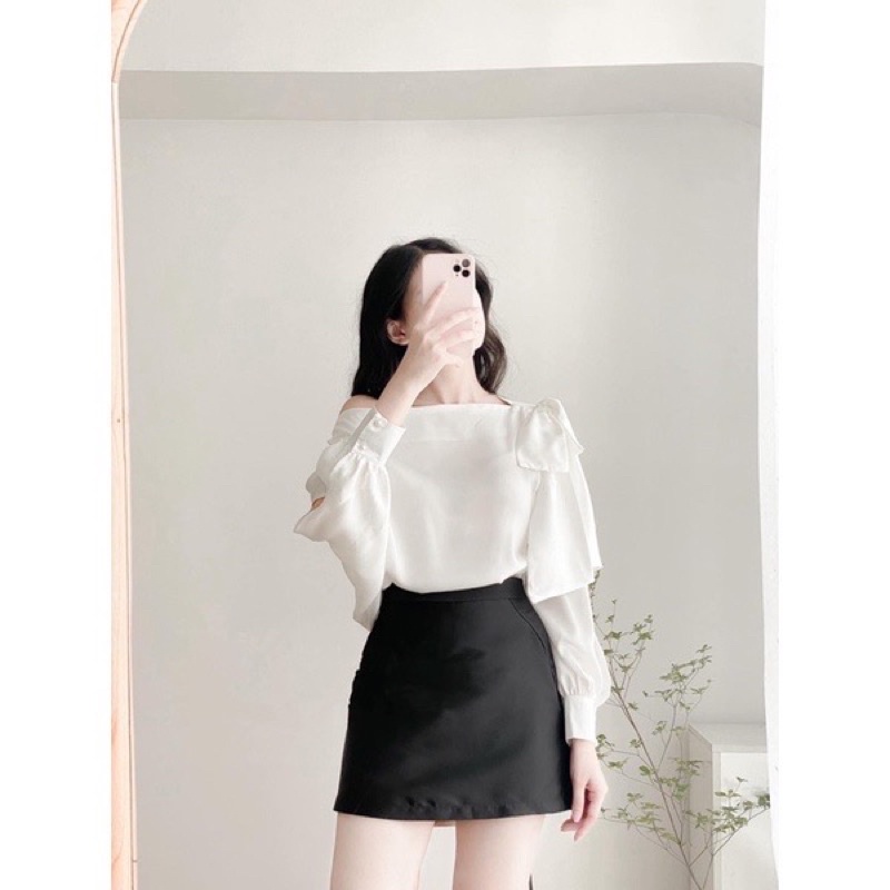 Áo sơ mi lụa nơ vai