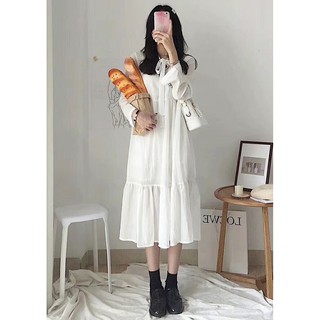 Váy babydoll nữ dài tay buộc nơ cổ dáng suông phom rộng cực xinh màu Trắng PVN658