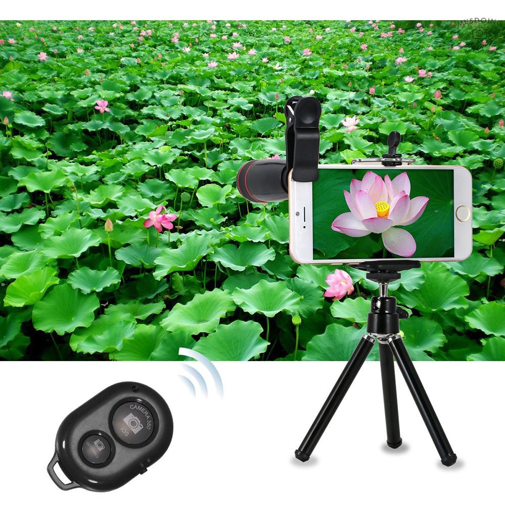 ღ 10PCS 12X Telephoto Universal Mobile Phone Lens Kits Wide Angle + Fish Eye + Macro Lens + Selfie Stick + Tripod for iOS phone /Samsung /Huawei /iOS Pad