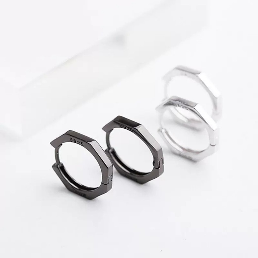 Bông tai tròn bạc ý 925 lục giác vuông cạnh khuyên tai nam nữ