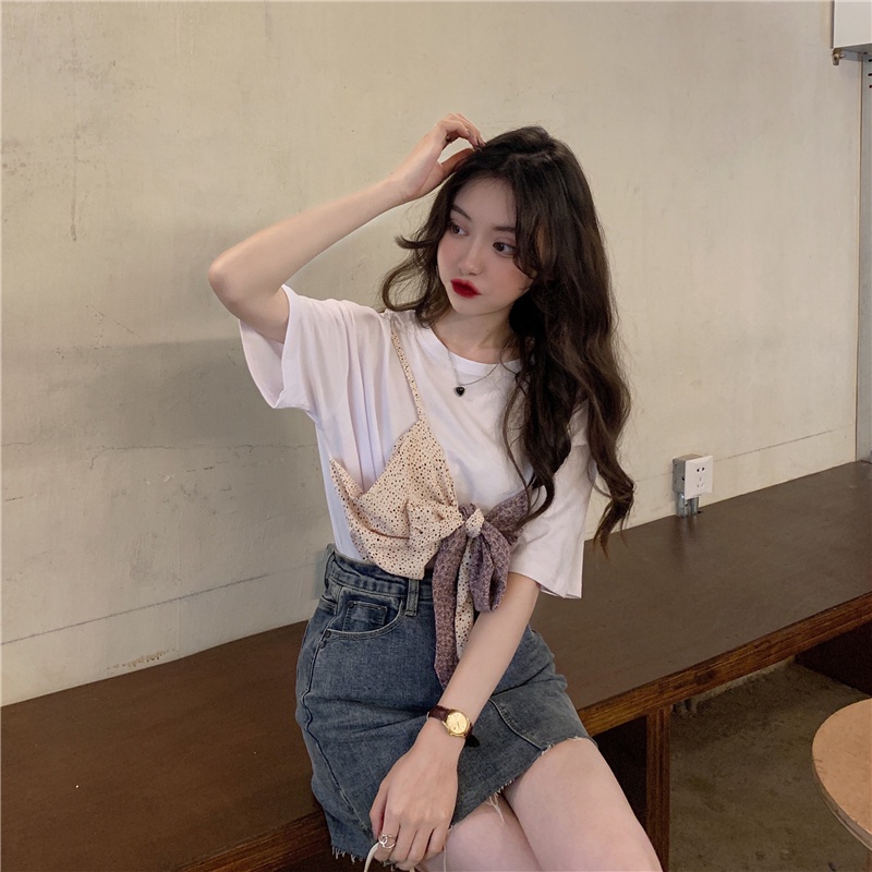 SUXI Áo Thun Ngắn Tay Cổ Tròn Phối Nơ Màu Tương Phản Thời Trang Dành Cho Nữ