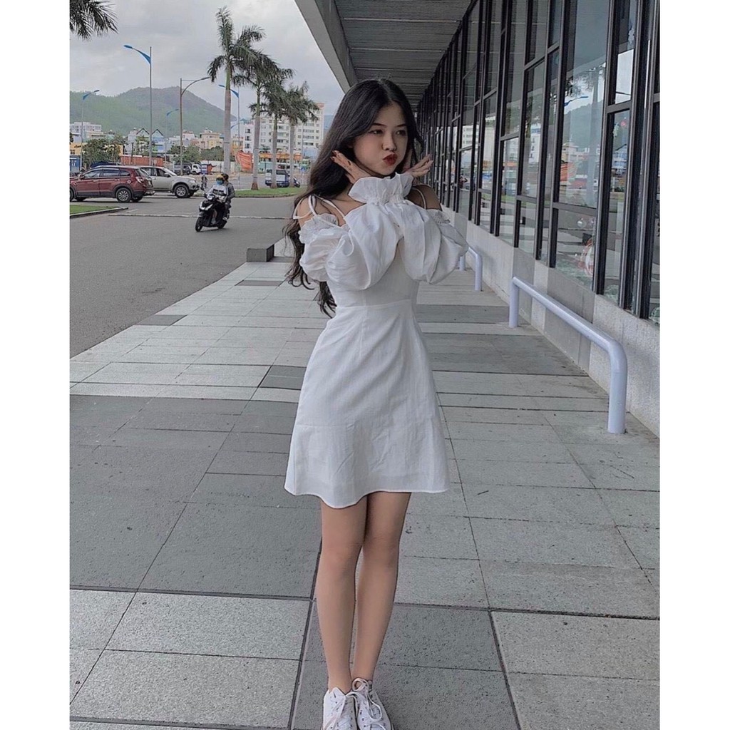 Váy đầm nữ hai dây màu trắng trễ vai tay bo thun , kiểu dáng trẻ trung dễ thương thích hợp mặc đi chơi, di tiệc