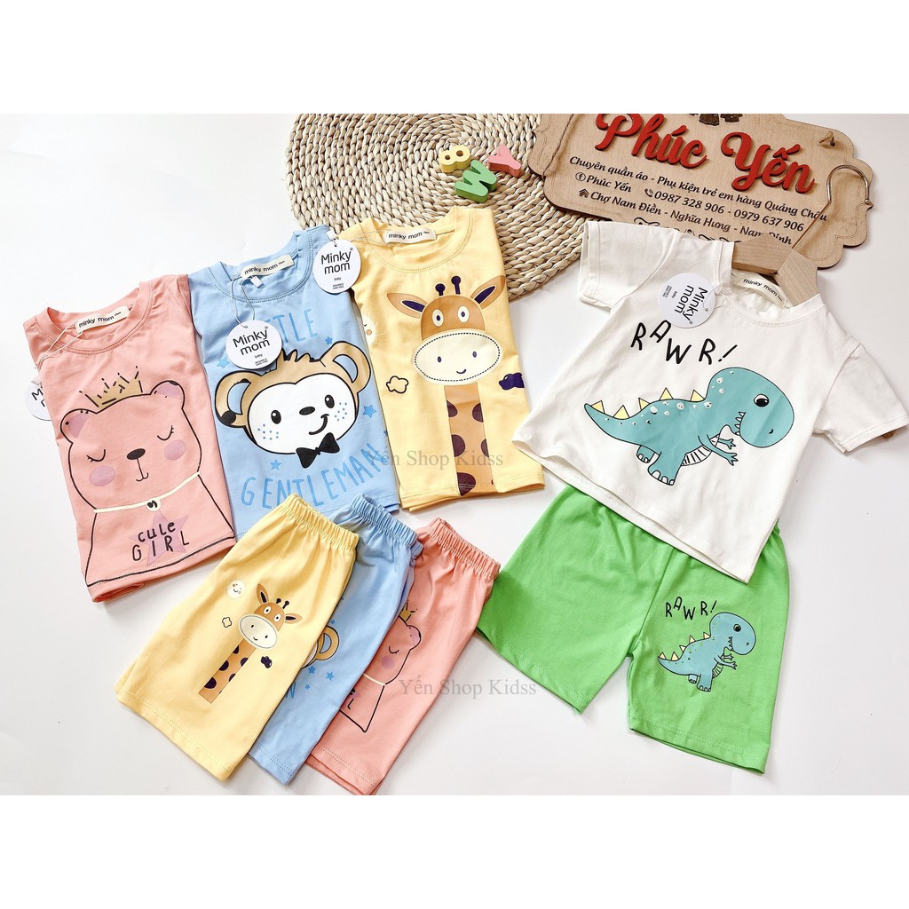 Sale !!! Bộ Cộc Tay Cotton 100 % Minky Mom In Họa Tiết Ngựa Vàng- Khủng Long Xanh Cho Bé (7-19kg)(1312)