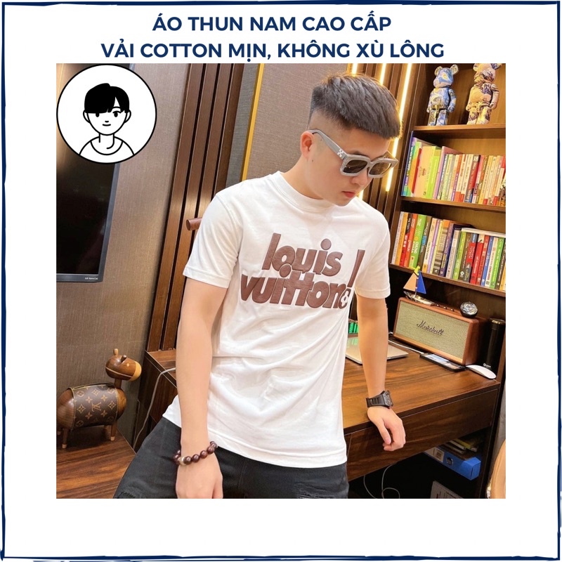 Áo thun nam cổ tròn, áo phông nam phối in chữ LV form dáng chuẩn cotton thun lạnh mát