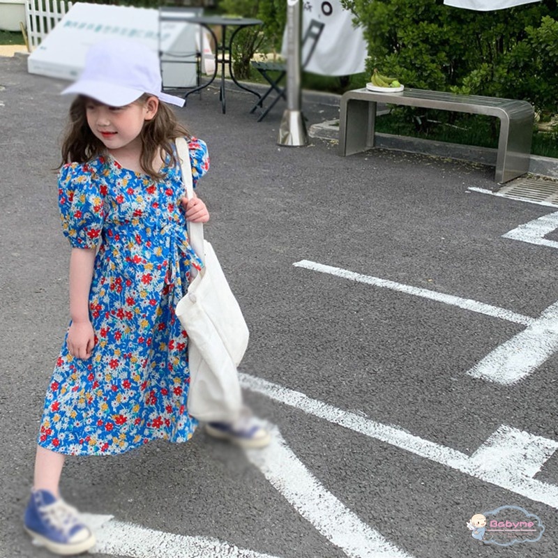 Đầm Công Chúa Tay Ngắn Phồng Cổ Chữ V In Họa Tiết Hoa Phong Cách Hàn Quốc Dành Cho Bé Gái