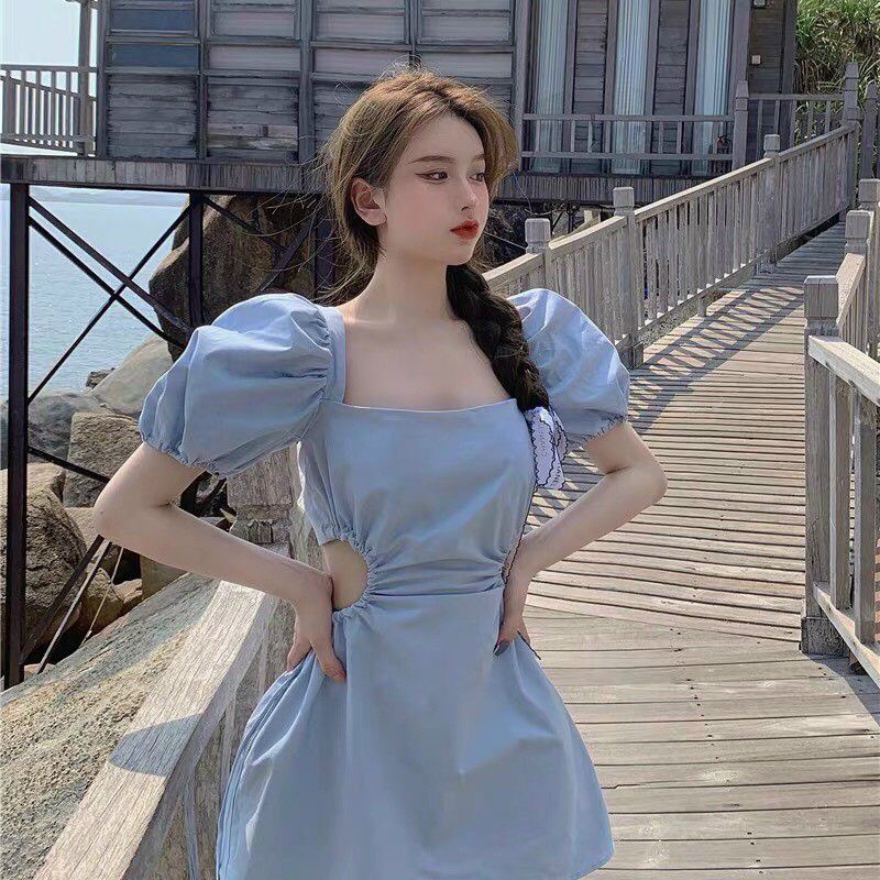 Đầm nữ hot girl, hot trend đi dạo phố đi cà phê dáng xoè tay phồng cổ vuông, khoét eo, dưới xoè vải Kate lụa màu xanh
