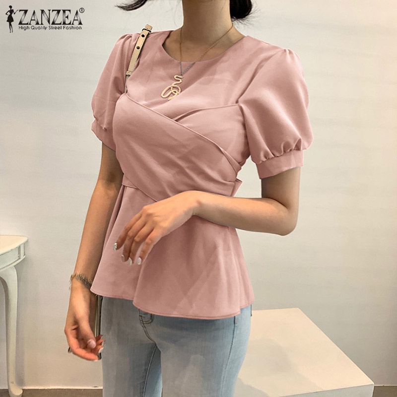 Áo kiểu Zanzea tay ngắn cổ tròn cột nơ lưng sau thời trang Hàn Quốc cho nữ