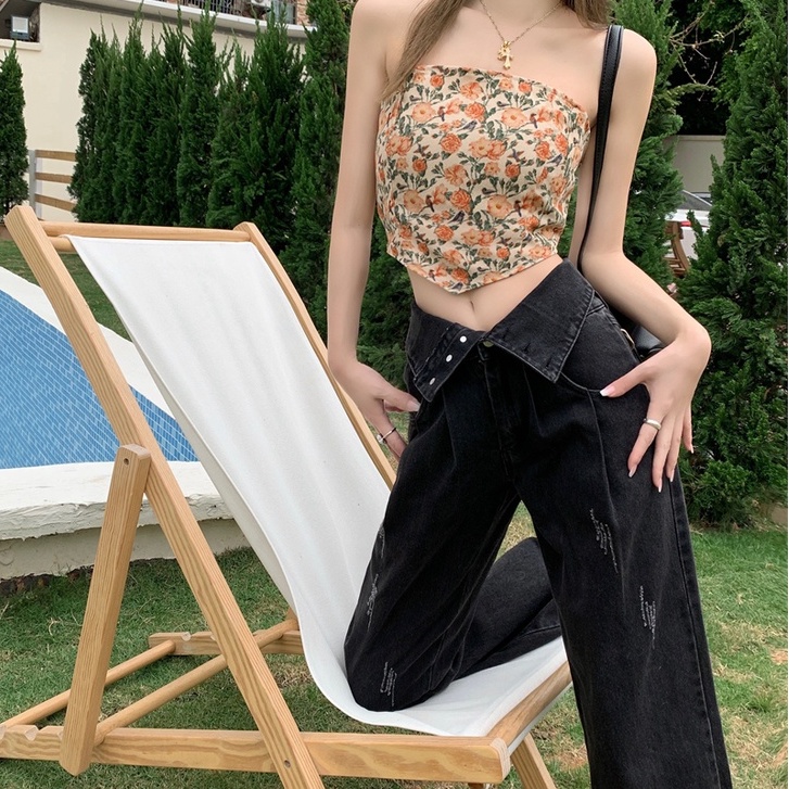 Quần Jean Nữ Ống Rộng Lưng Cao Màu Đen Phong Cách Retro Mỹ