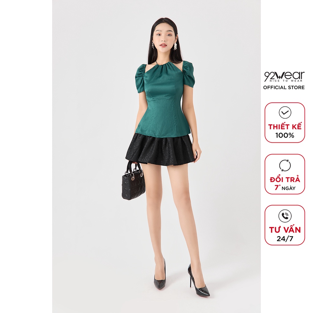 Áo sơ mi nữ ngắn tay cổ yếm 92WEAR, thiết kế tiểu thư nhẹ nhàng, chất liệu lụa gân cao cấp ASA2030