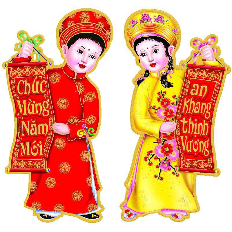 Decal Dán Tường Và Kính Trang Trí Ngày Tết Tân Sửu 2021 - Đôi Decal Hình Cô Bé Cậu Bé