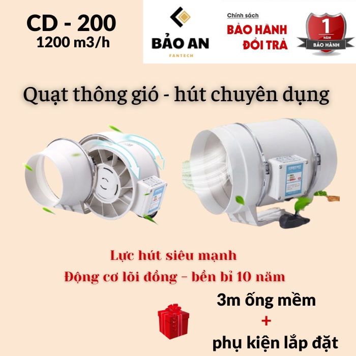Quạt siêu áp lưu lượng cao 1200m3/h thông gió hút khói CD-200 chuyên hút mùi bếp nhà hàng, quán ăn - thông gió dân dụng