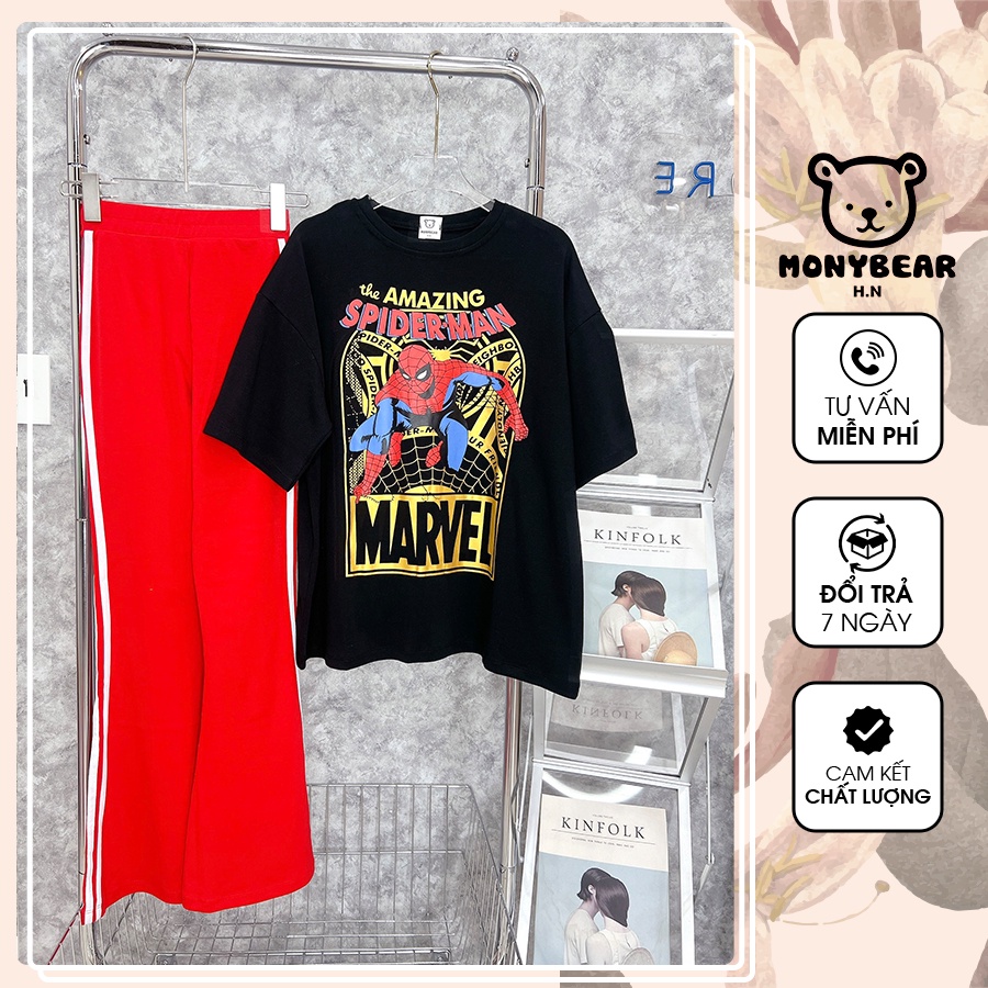 Set Áo Phông Đen In Hình Spiderman, Quần Dài Sọc Loe, Bộ Đồ Cá Tính Mặc Đi Chơi - HN111