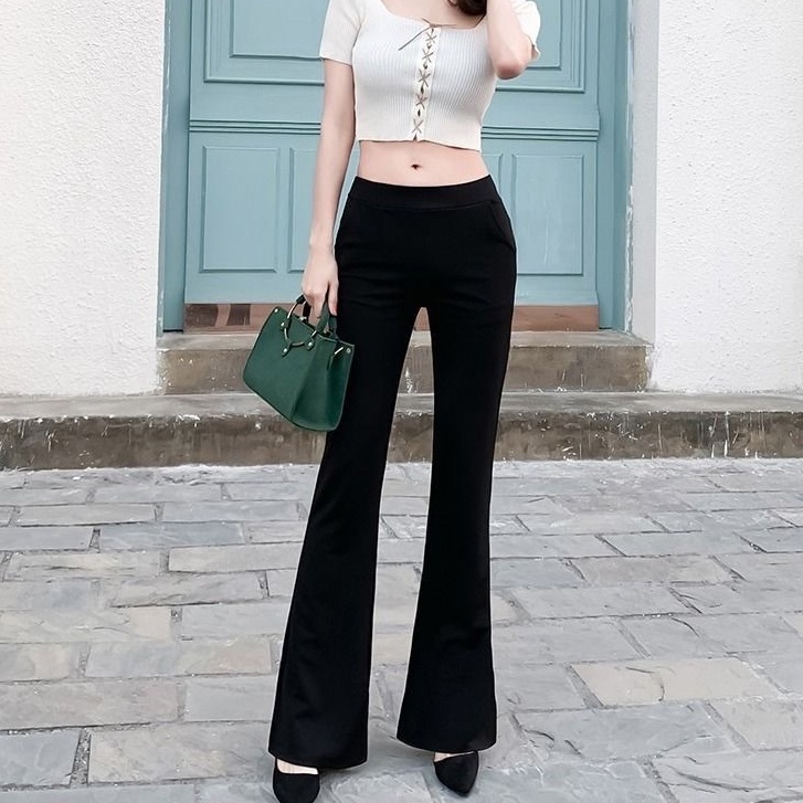 Quần ống loe nữ màu đen lưng cao co giãn siêu hách dáng,
