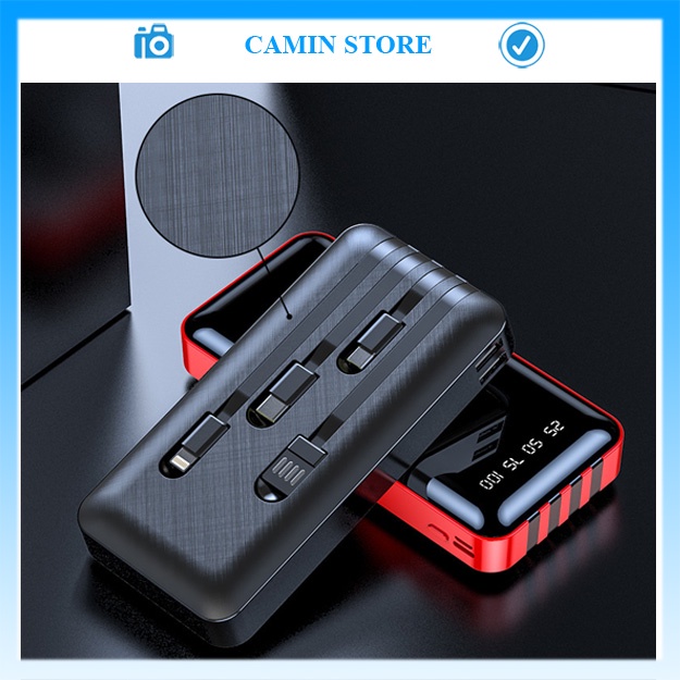 Pin sạc dự phòng 20000mah power bank có sẵn 4 dây sạc, có led báo phần trăm pin, 2 cổng usb, sạc type C