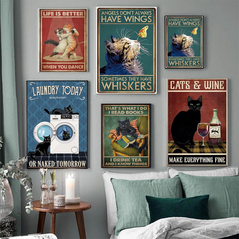 Tranh Vải Bạt Treo Tường In Hình Mèo Đen / Cà Phê / Đọc Sách Kiểu Vintage Trang Trí Nhà Cửa