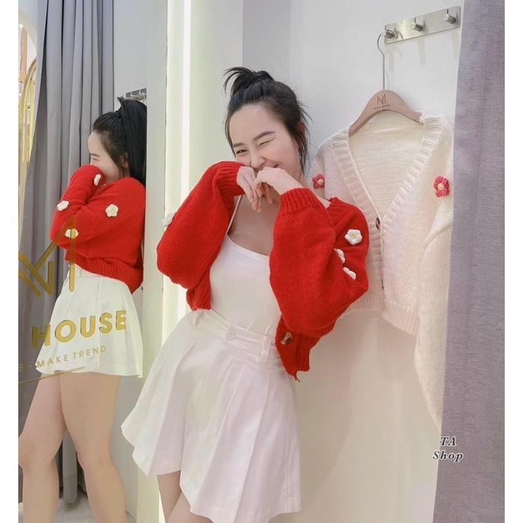 Áo khoác len nữ cadigan bông hoa nổi, hai màu đỏ trắng mới về